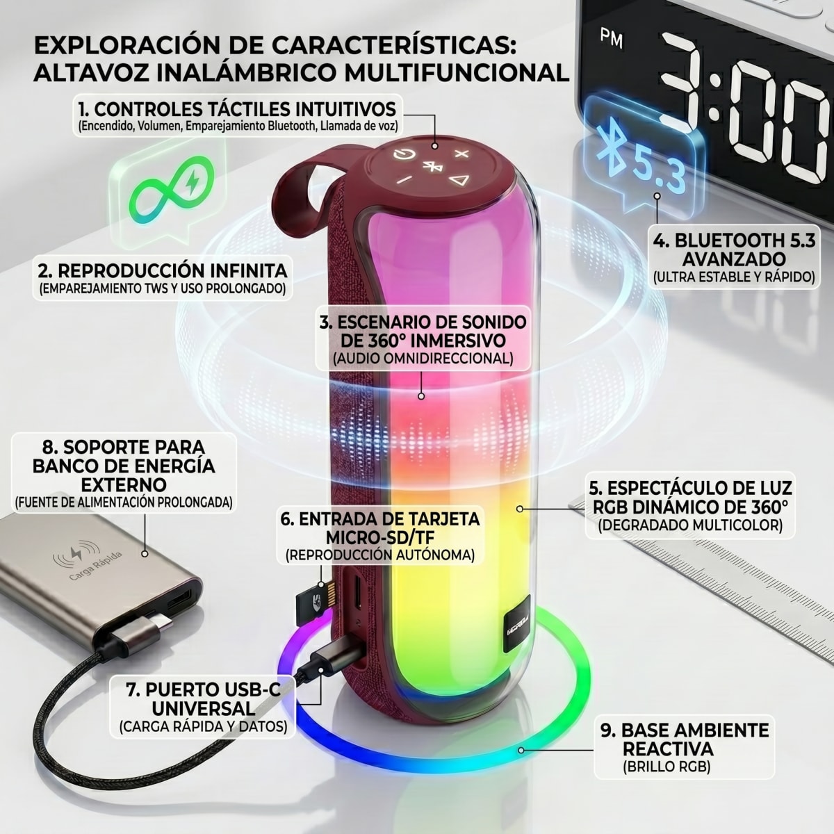 Bocina Moreka 408 14W (2 x 7W) 3000mAh Batería Bluetooth V5.3 IPX5 Resistente al Agua Luz RGB Micrófono Incorporado Radio FM10