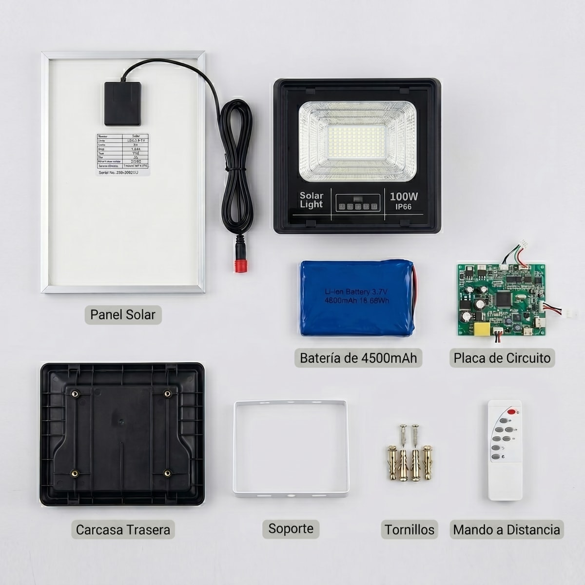 Lámpara Solar 100W MS-100W para Exterior Ilumina Toda la Noche sin Cableado Control Remoto IP66 Resistente a Lluvia y Polvo Ahorro Energético para Jardín o Garaje3