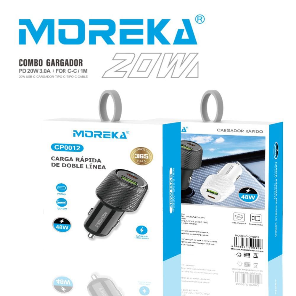 Turbo Cargador De Carro 48W PD30W QC18W Moreka CP0012 Plug In puertos USB y C6