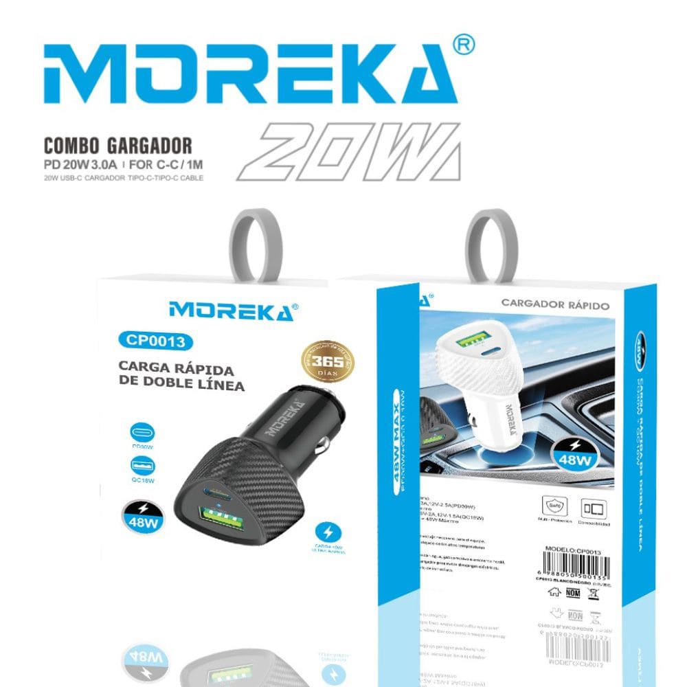 Turbo Cargador De Carro 48W PD30W QC18W Moreka CP0013 Plug In puertos USB y C6