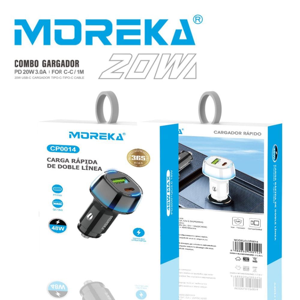 Turbo Cargador De Carro 48W PD30W QC18W Moreka CP0014 Plug In puertos USB y C4