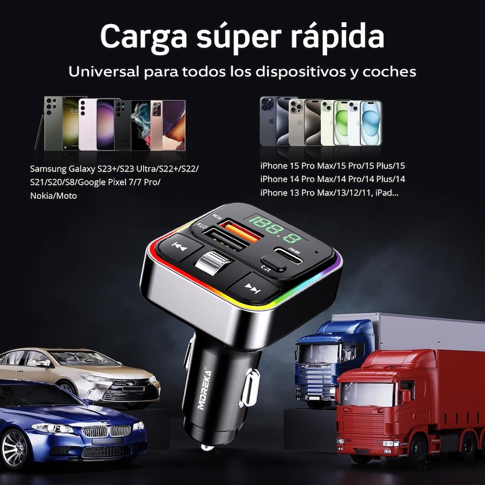 Plug in Reproductor MP3 Transmisor FM Bluetooth Cargador de coche 30W Moreka CP0070B3
