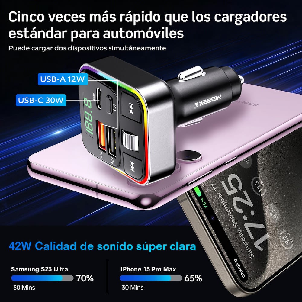 Plug in Reproductor MP3 Transmisor FM Bluetooth Cargador de coche 30W Moreka CP0070B2