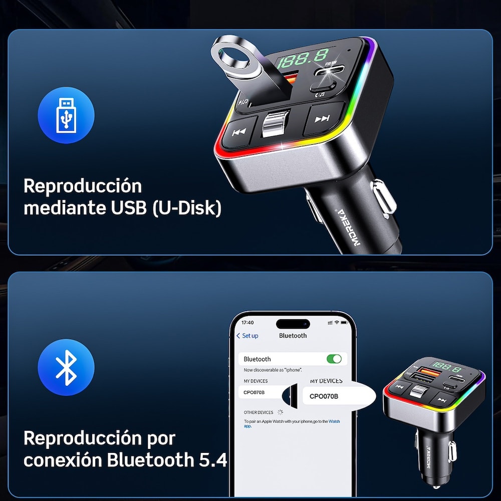 Plug in Reproductor MP3 Transmisor FM Bluetooth Cargador de coche 30W Moreka CP0070B5