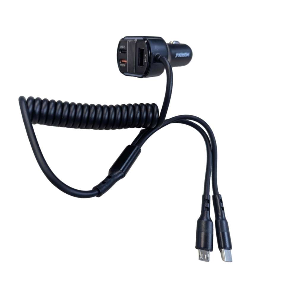 Cargador De Carro Moreka CP0071 Plug In 30W USB-C PD y USB QC3.0 con cables V8 y C9