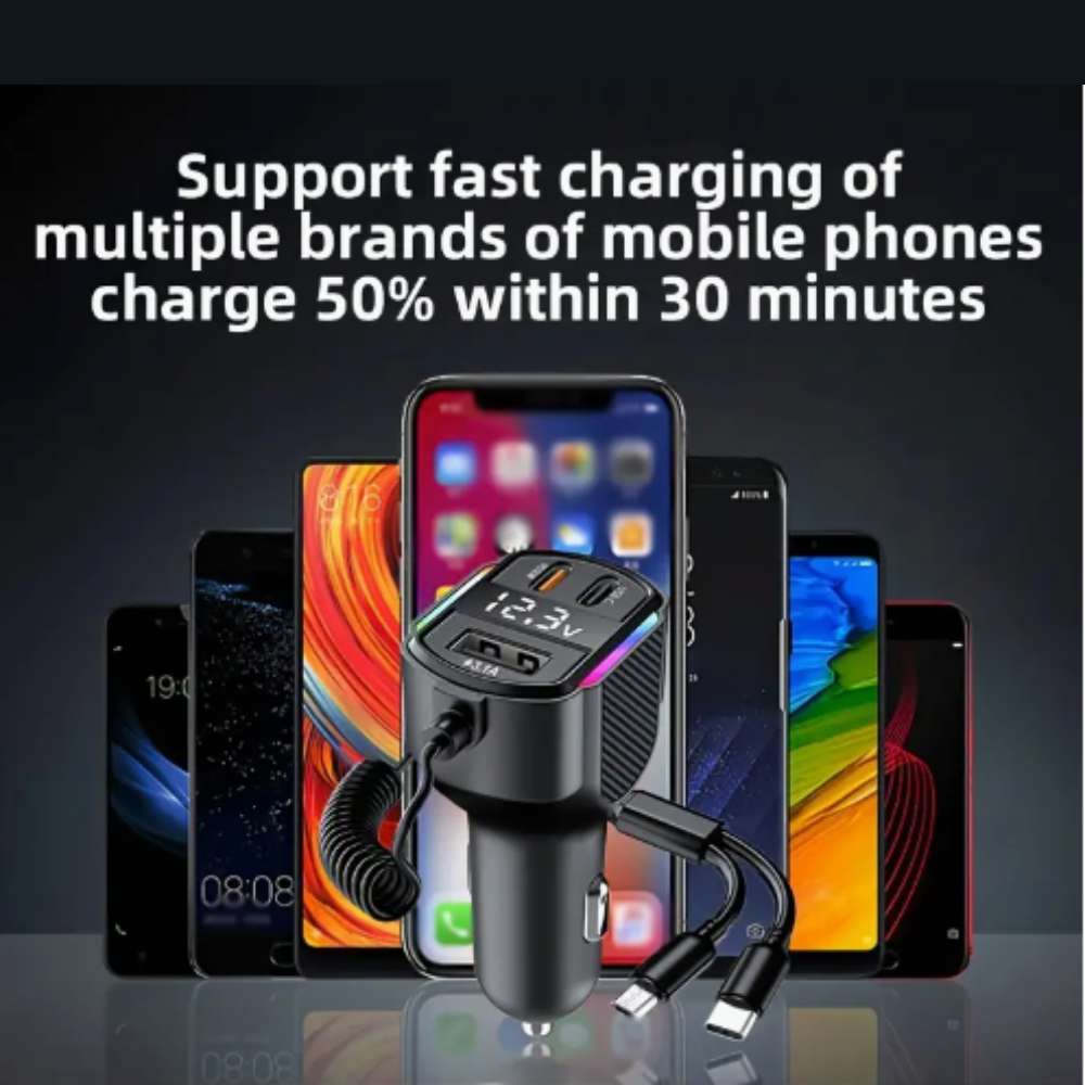 Cargador De Carro Moreka CP0071 Plug In 30W USB-C PD y USB QC3.0 con cables V8 y C5