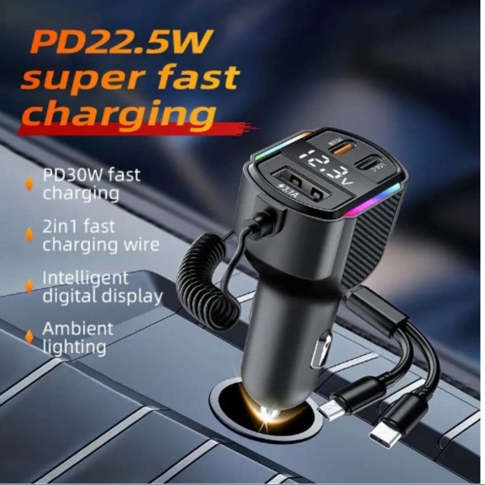 Cargador De Carro Moreka CP0071 Plug In 30W USB-C PD y USB QC3.0 con cables V8 y C7