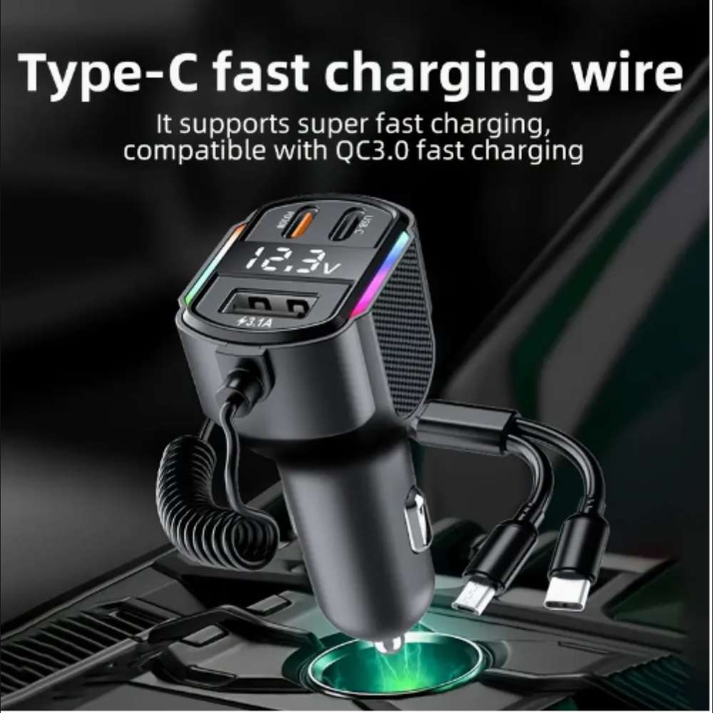 Cargador De Carro Moreka CP0071 Plug In 30W USB-C PD y USB QC3.0 con cables V8 y C2