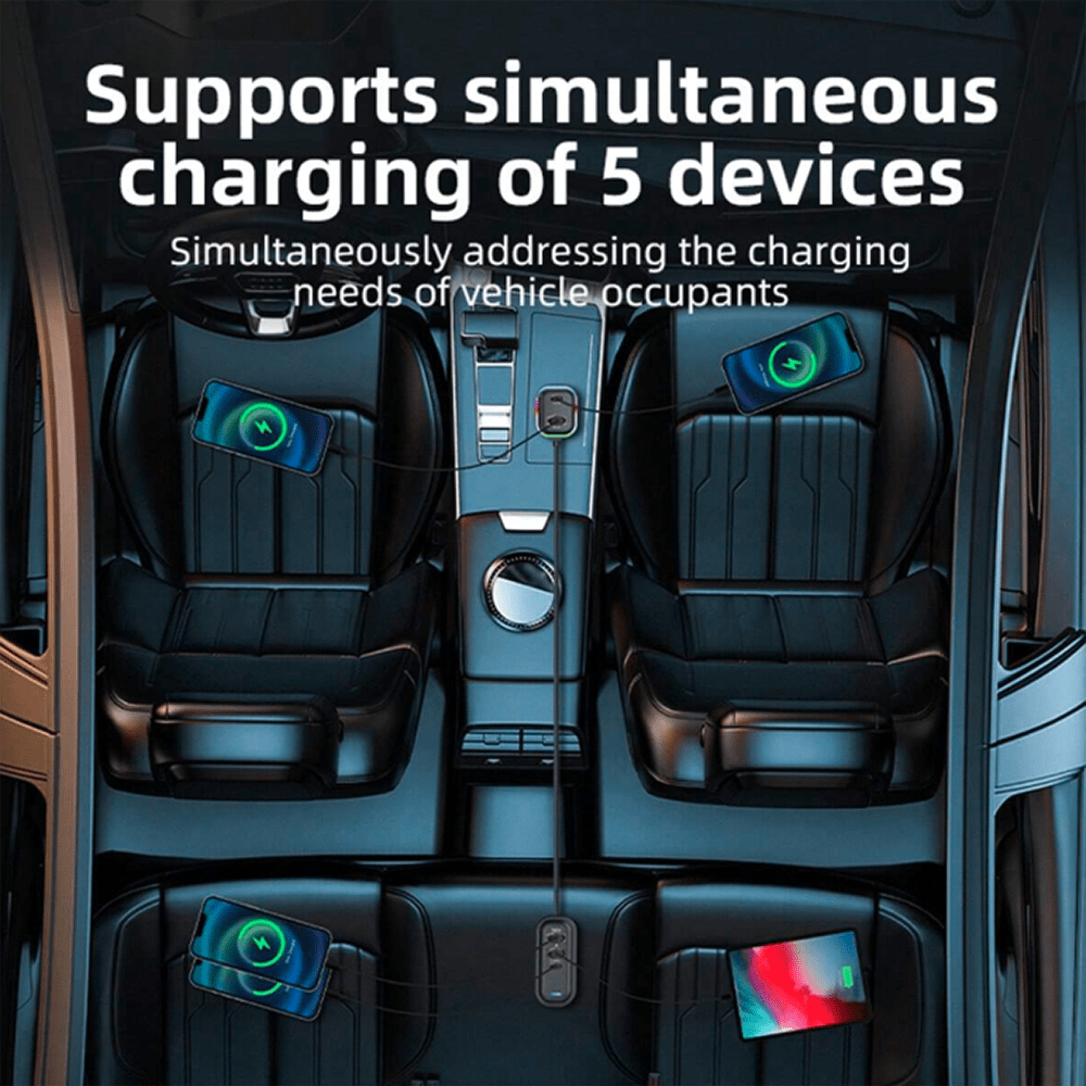 Cargador De Carro Plug In 30W USB-C PD y USB QC3.0 extensión de 1.5mts soporta 5 dispositivos Moreka CP00726