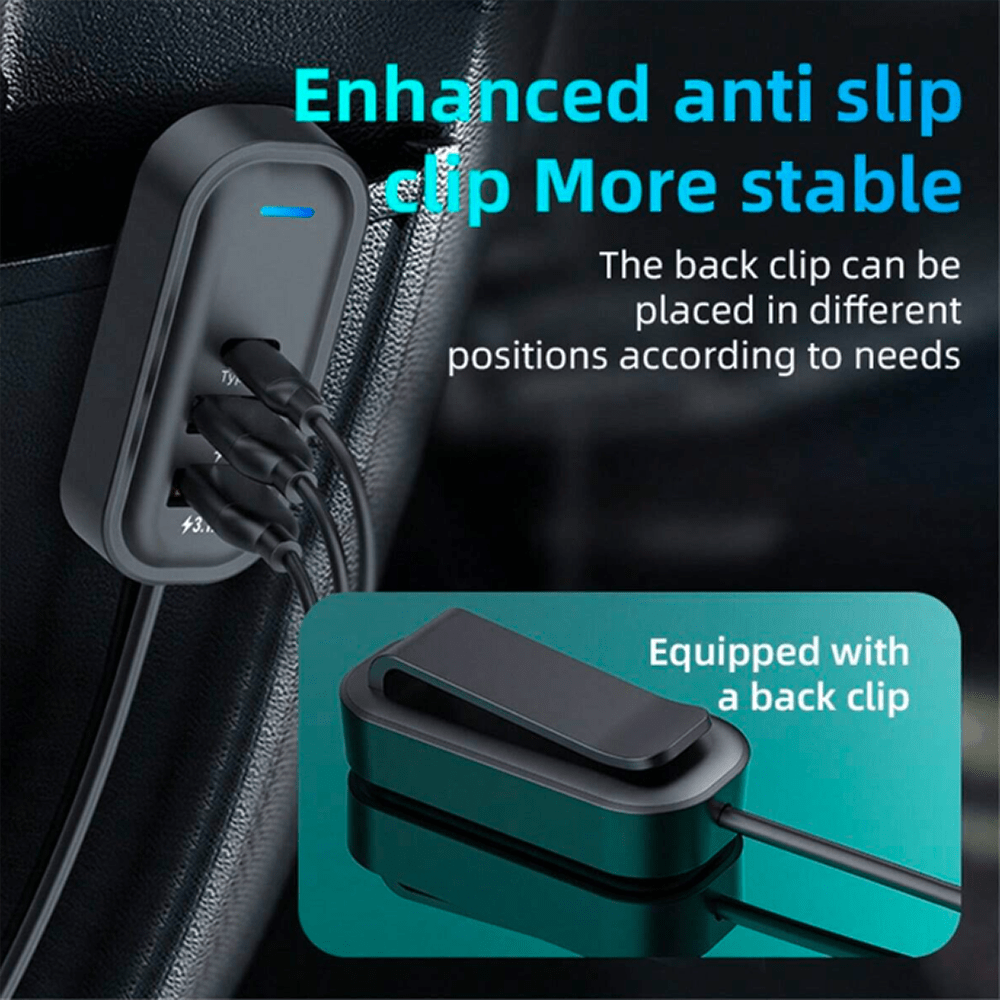 Cargador De Carro Plug In 30W USB-C PD y USB QC3.0 extensión de 1.5mts soporta 5 dispositivos Moreka CP00725