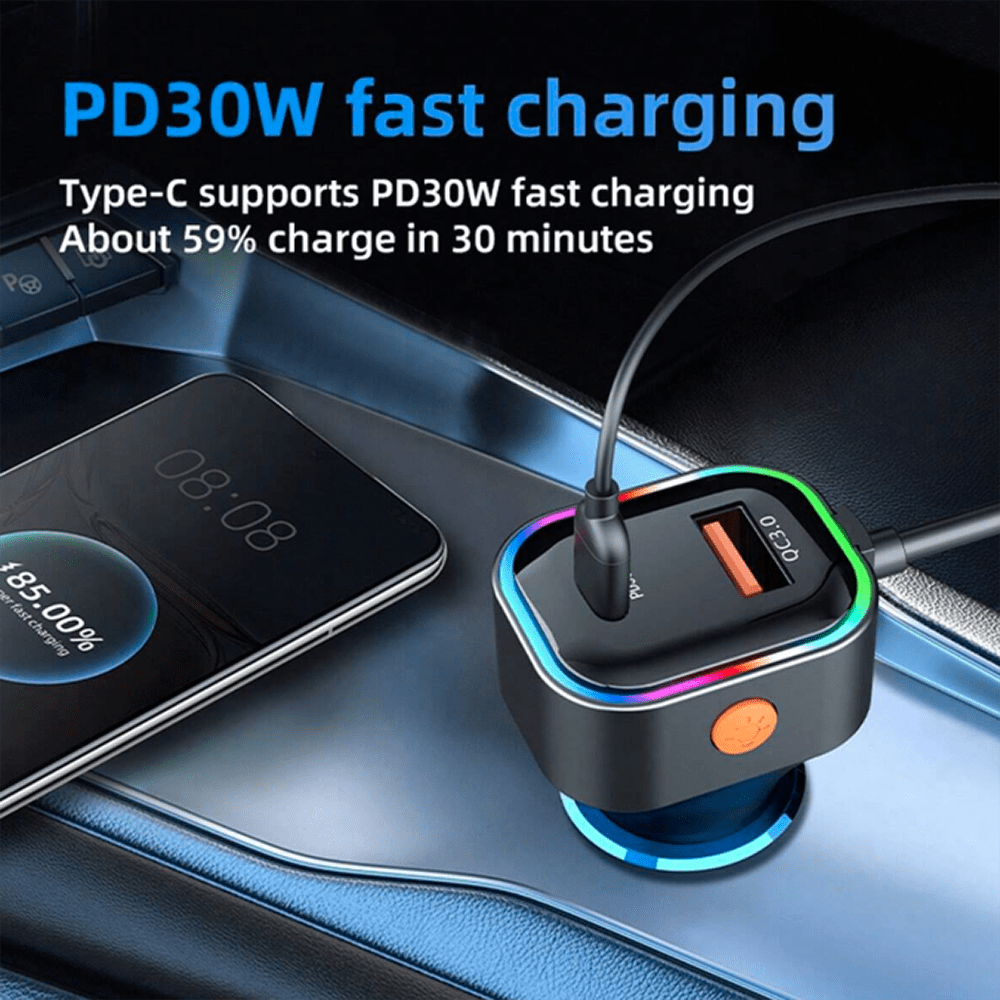 Cargador De Carro Plug In 30W USB-C PD y USB QC3.0 extensión de 1.5mts soporta 5 dispositivos Moreka CP00722
