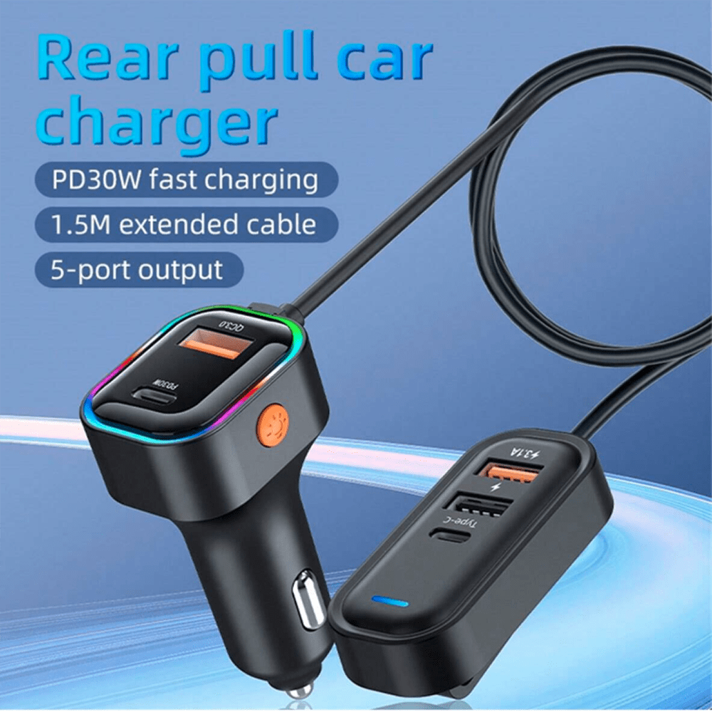Cargador De Carro Plug In 30W USB-C PD y USB QC3.0 extensión de 1.5mts soporta 5 dispositivos Moreka CP00724