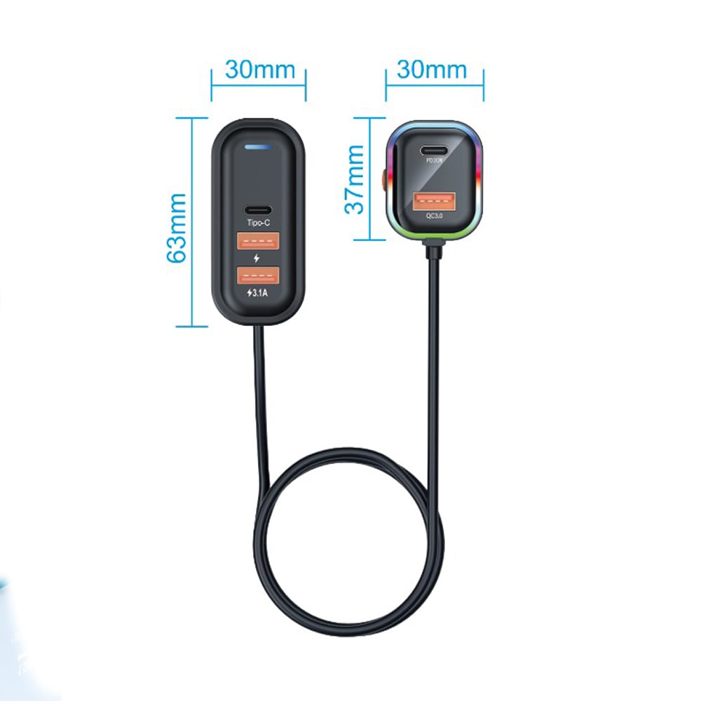 Cargador De Carro Plug In 30W USB-C PD y USB QC3.0 extensión de 1.5mts soporta 5 dispositivos Moreka CP00727