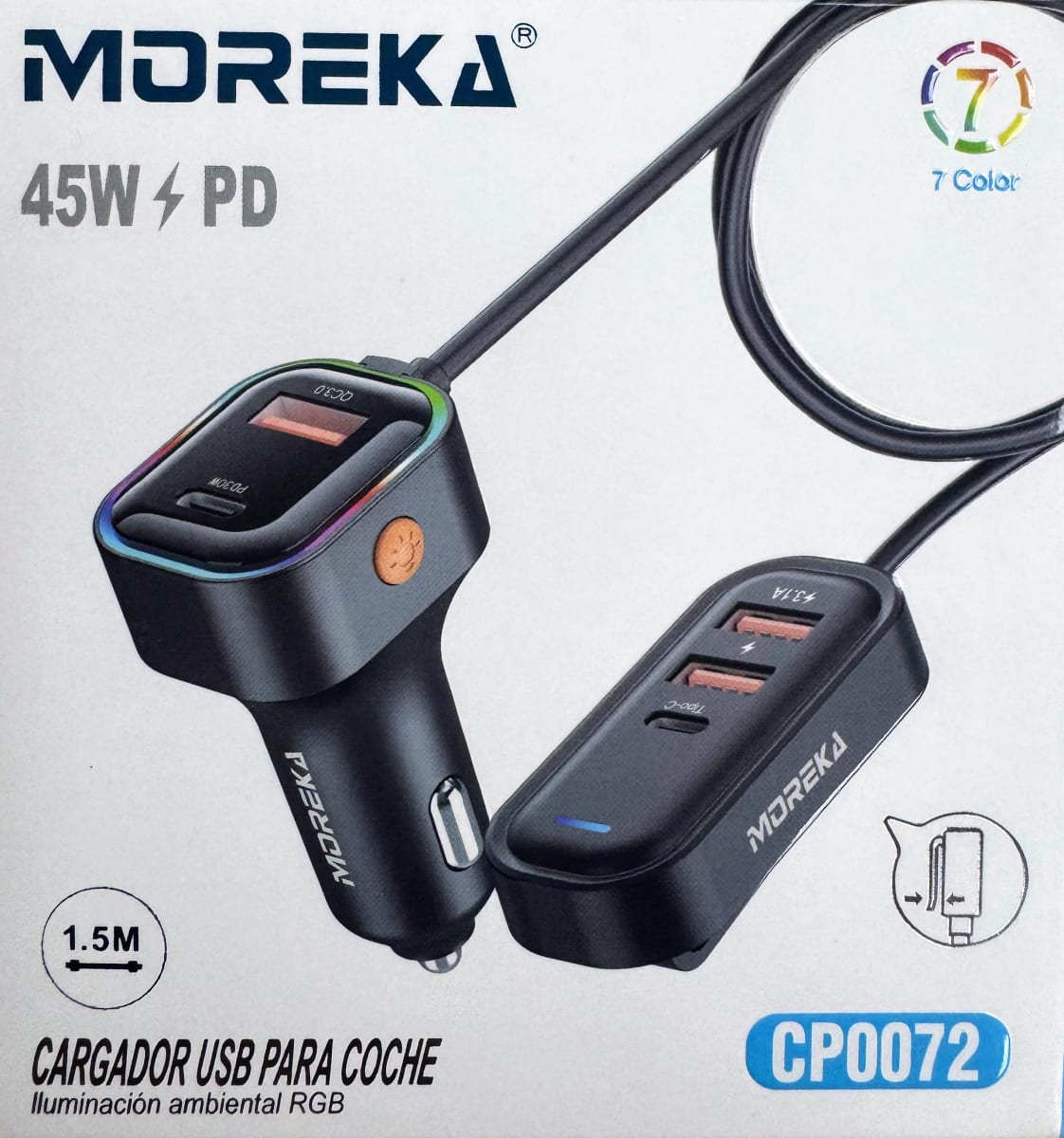 Cargador De Carro Plug In 30W USB-C PD y USB QC3.0 extensión de 1.5mts soporta 5 dispositivos Moreka CP00728