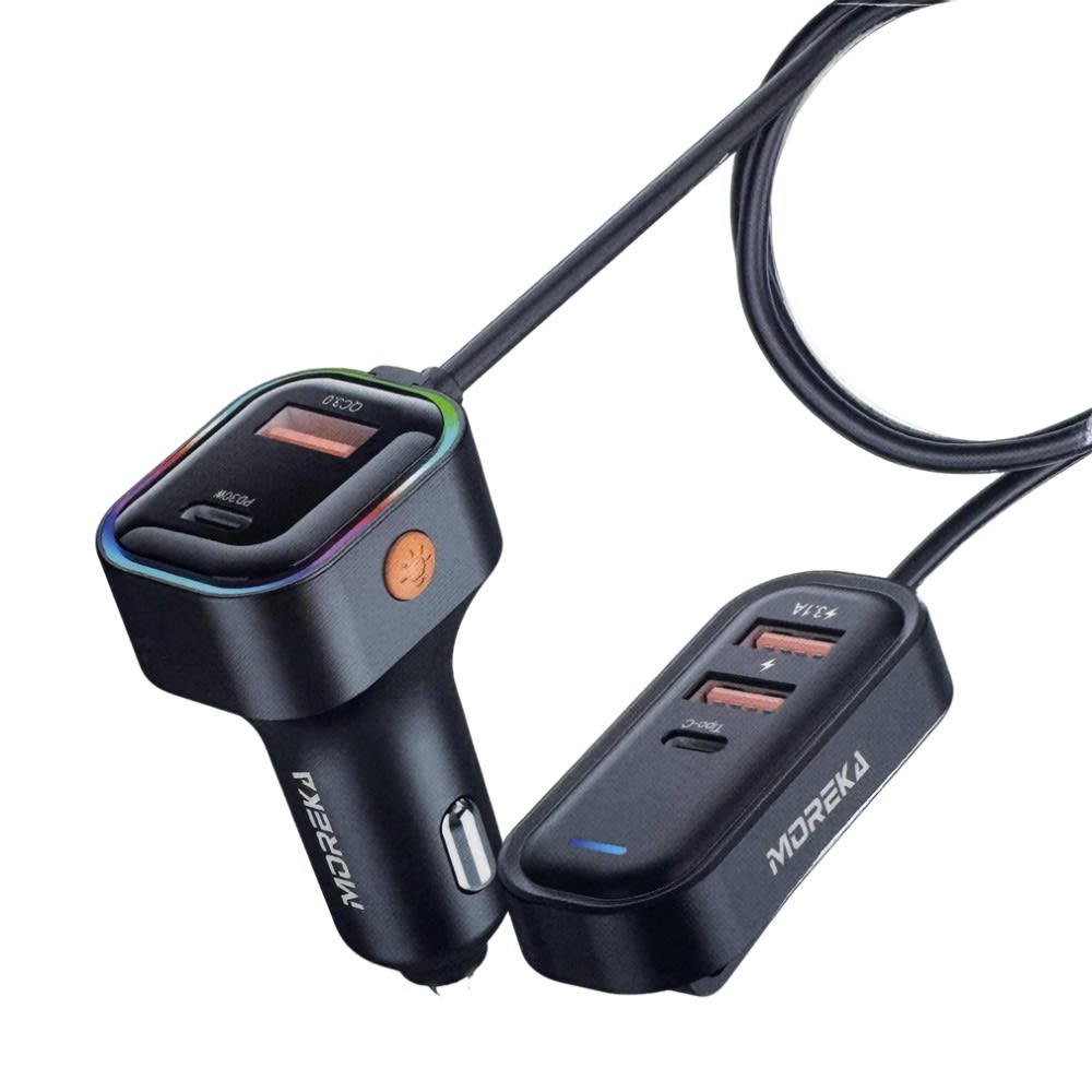 Cargador De Carro Plug In 30W USB-C PD y USB QC3.0 extensión de 1.5mts soporta 5 dispositivos Moreka CP0072 0