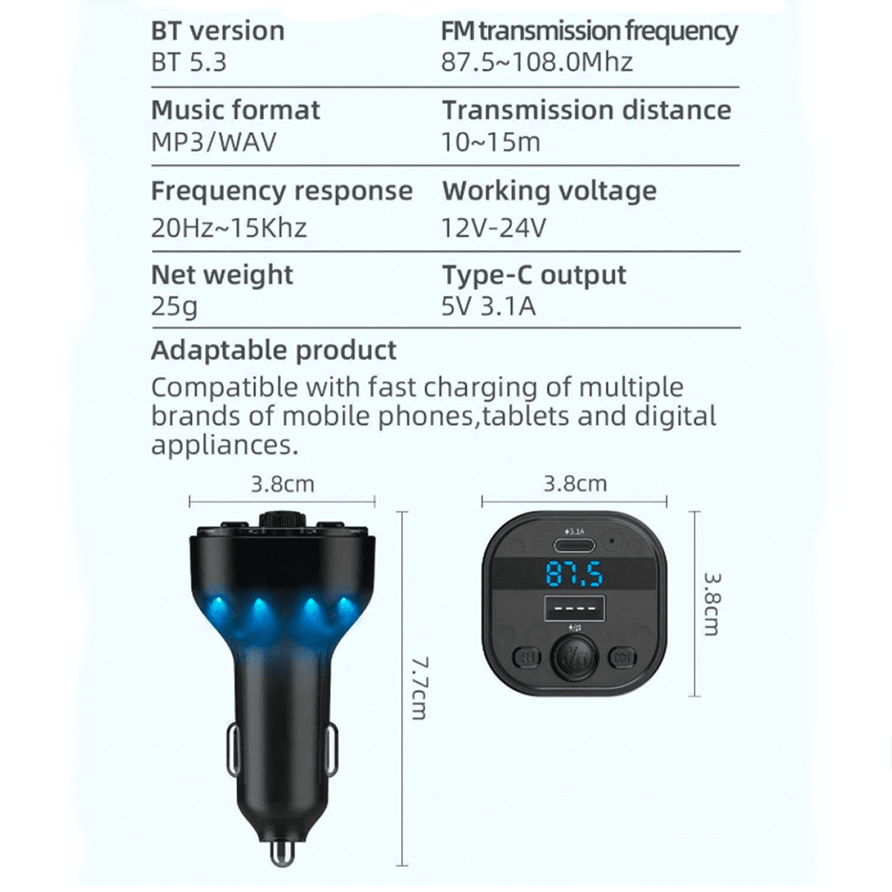 Plug in Trasmisor FM Bluetooth De Carro Moreka CP0074 Plug In 3.1A USB10