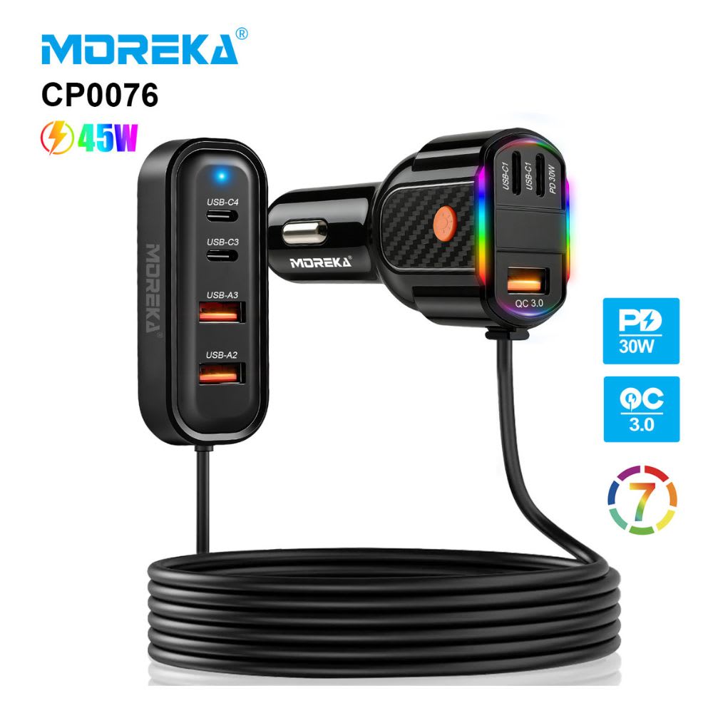 Plug in Cargador de Automóvil 45W Moreka 7 puertos USB-C USB-A CP00768