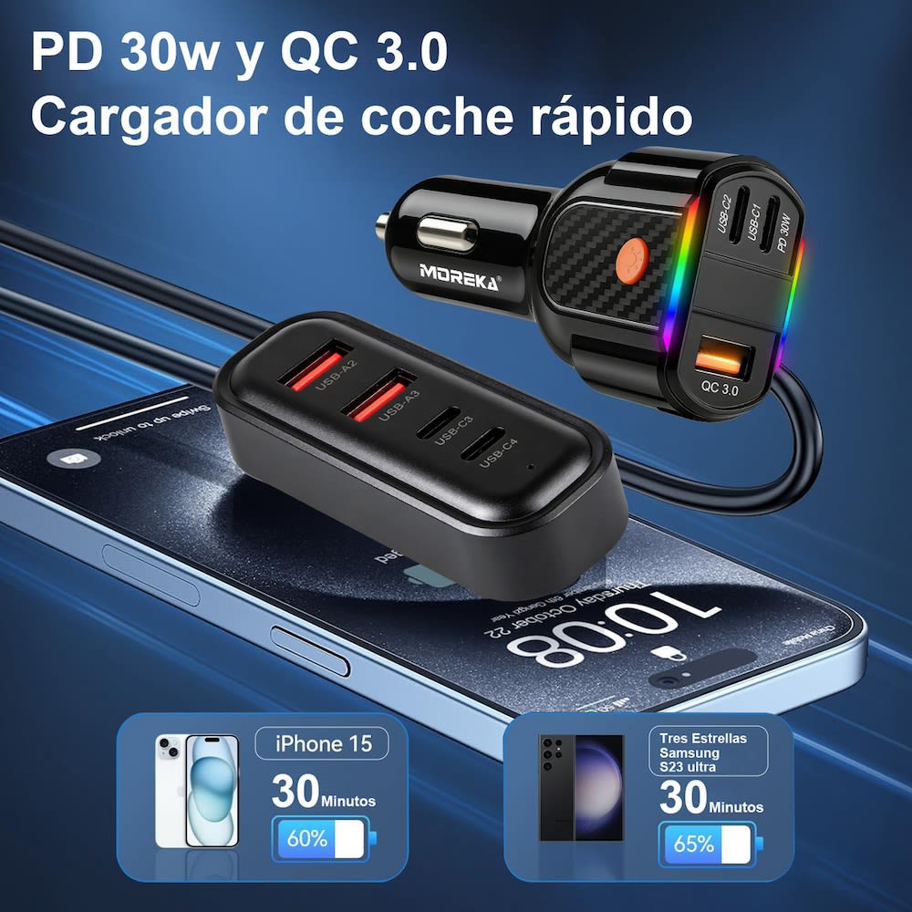 Plug in Cargador de Automóvil 45W Moreka 7 puertos USB-C USB-A CP00765