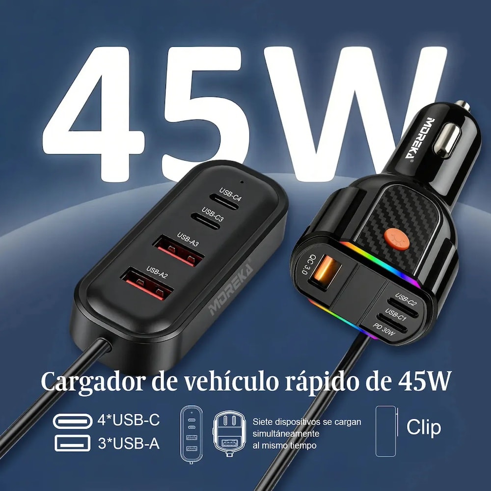 Plug in Cargador de Automóvil 45W Moreka 7 puertos USB-C USB-A CP00763