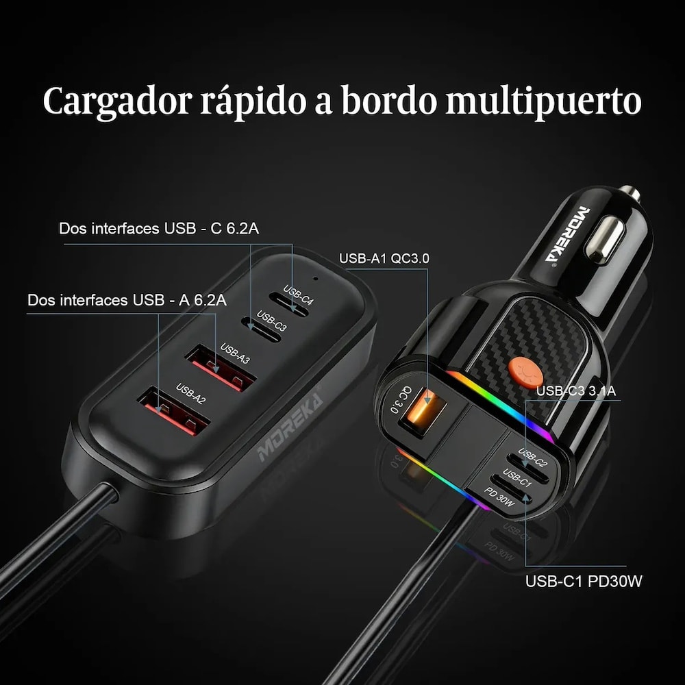 Plug in Cargador de Automóvil 45W Moreka 7 puertos USB-C USB-A CP00762