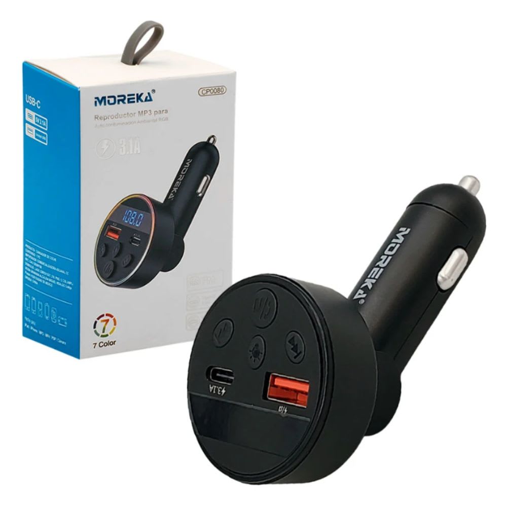 Plug In Cargador de Automóvil Moreka CP0080 45W 7 Puertos (USB + Tipo-C) Bluetooth 5.3 Llamadas Manos Libres Radio FM Transmisor MP3 Luz Ambiental 7 Colores 3