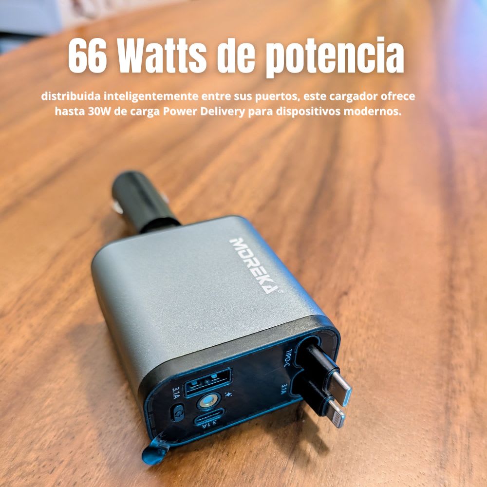 Cargador Auto Moreka CP0091 66W Retráctil PD30W IP y C7