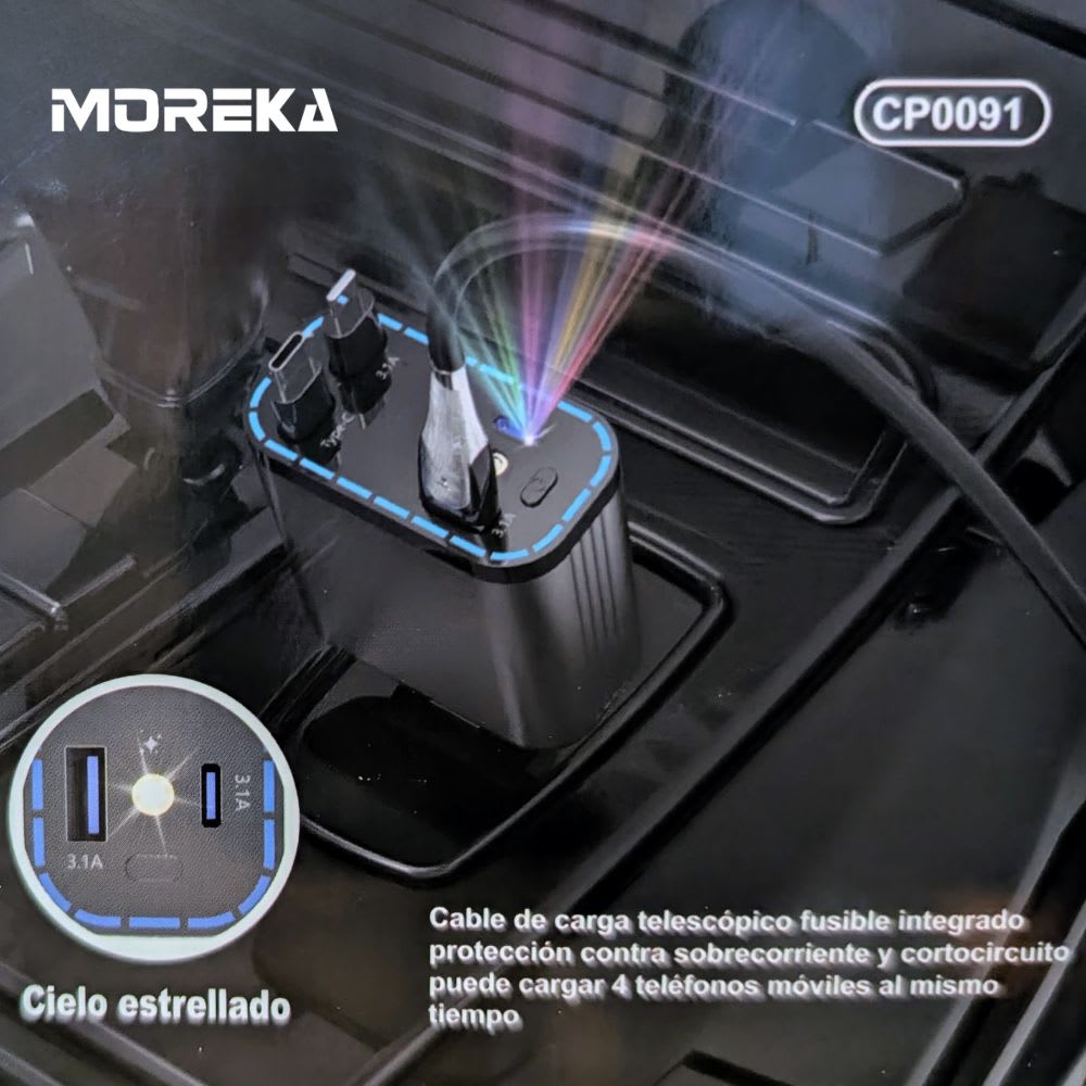 Cargador Auto Moreka CP0091 66W Retráctil PD30W IP y C5