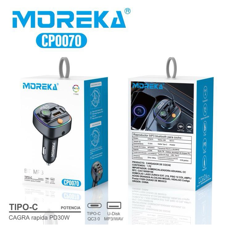 Transmisor Bluetooth Moreka CP-0070 5.3 FM manos libres para coche6
