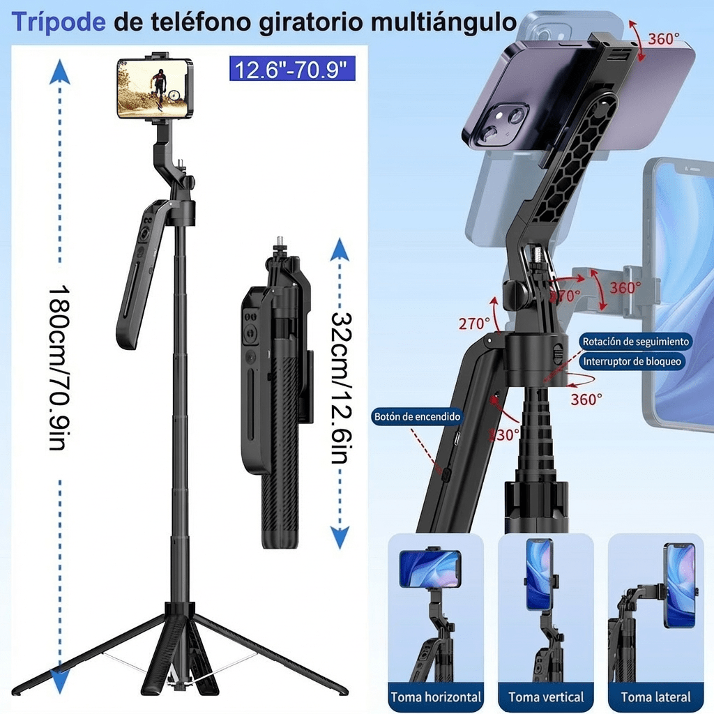 Trípode de seguimiento automático por IA, rotación de 360°, extensible hasta 1.80mts C126