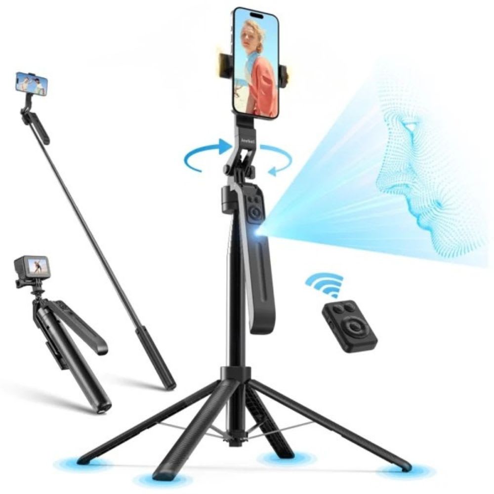 Trípode de seguimiento automático por IA, rotación de 360°, extensible hasta 1.80mts C121