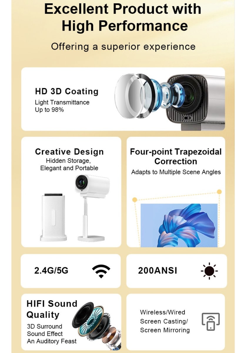 Proyector Inteligente Portátil Moreka MOP-05 FULL 4K HDR Android 11 5G Wifi con bluetooth con altura Ajustable4