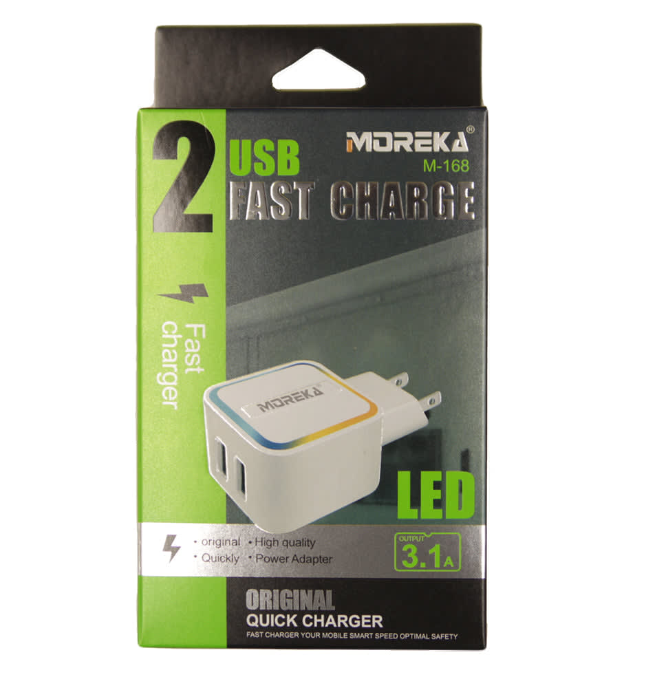Cargador Moreka M-168,  3.1 A, 2 Usb V8, Solo Cubo, Led 5