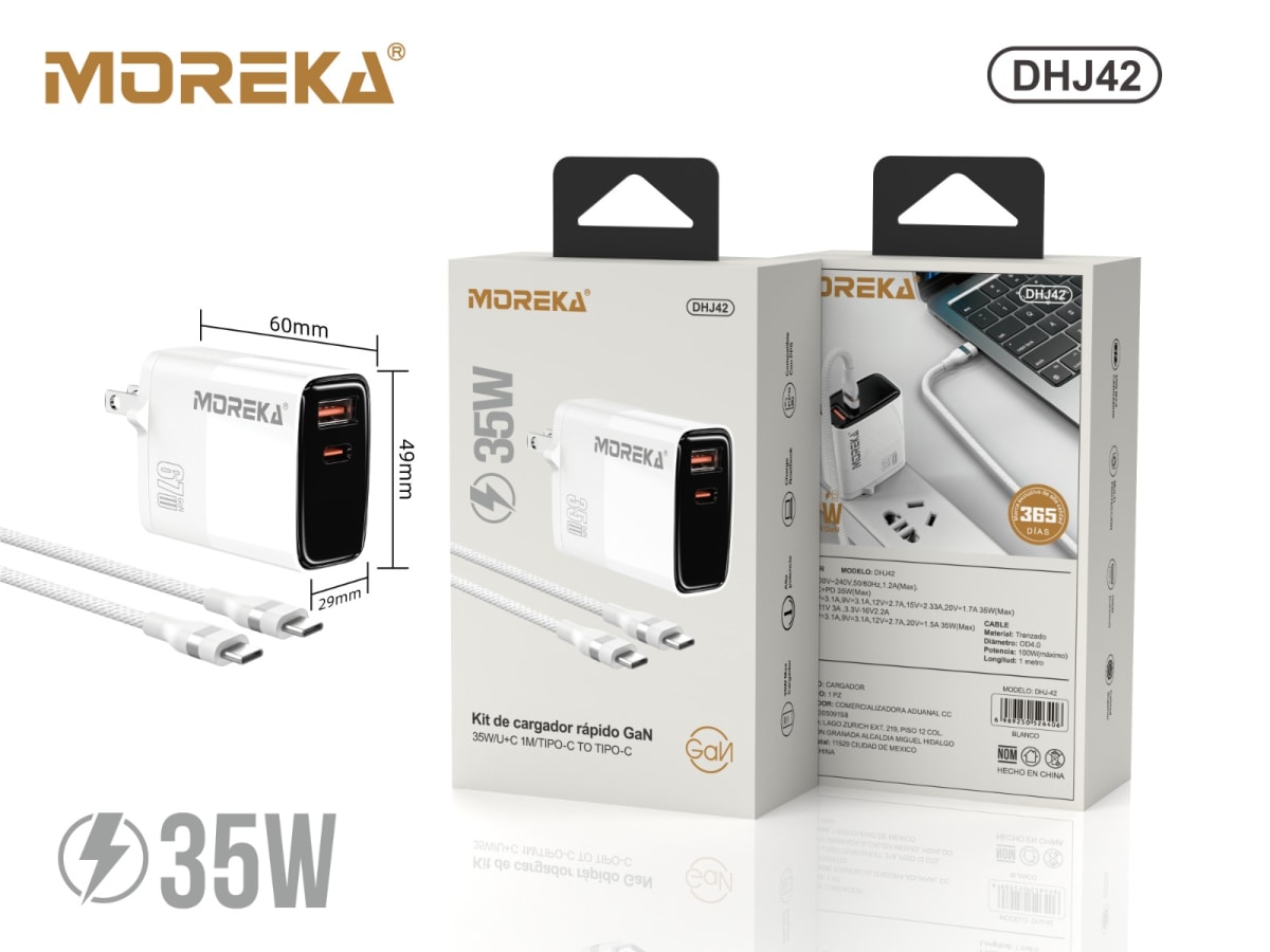 Cargador 35W GaN 5V- 3A 2 Puertos PD 35W max QC3.1 cable tipo C Moreka DHJ427