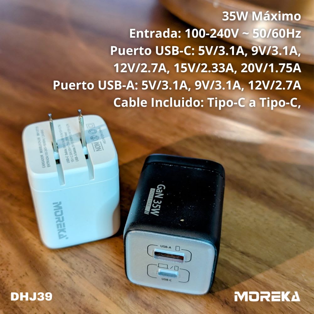 Cargador 35W GaN 5V- 3.1A puertos PD35W max & QC3.0 18W max Clavija plegable Moreka DHJ39 Cable tipo C3