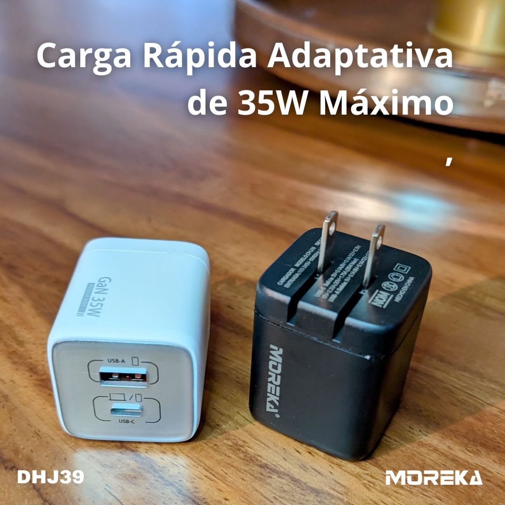Cargador 35W GaN 5V- 3.1A puertos PD35W max & QC3.0 18W max Clavija plegable Moreka DHJ39 Cable tipo C2