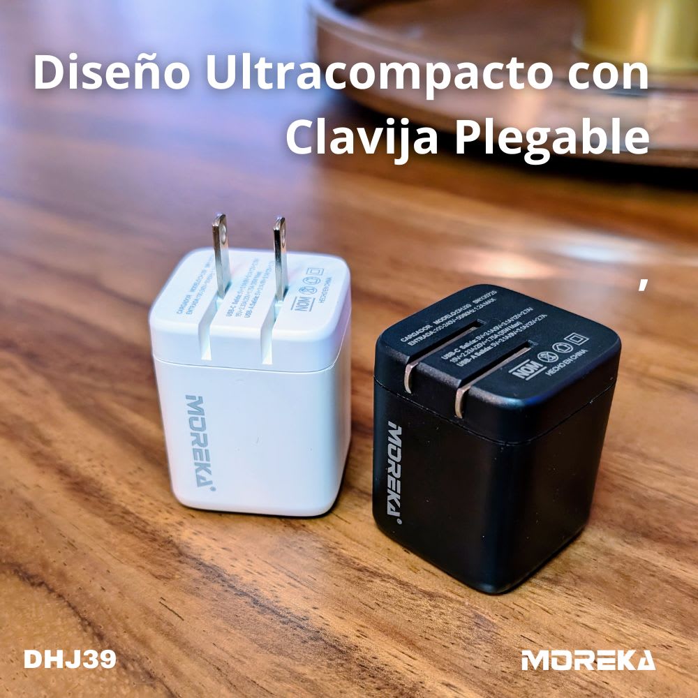 Cargador 35W GaN 5V- 3.1A puertos PD35W max & QC3.0 18W max Clavija plegable Moreka DHJ39 Cable tipo C4