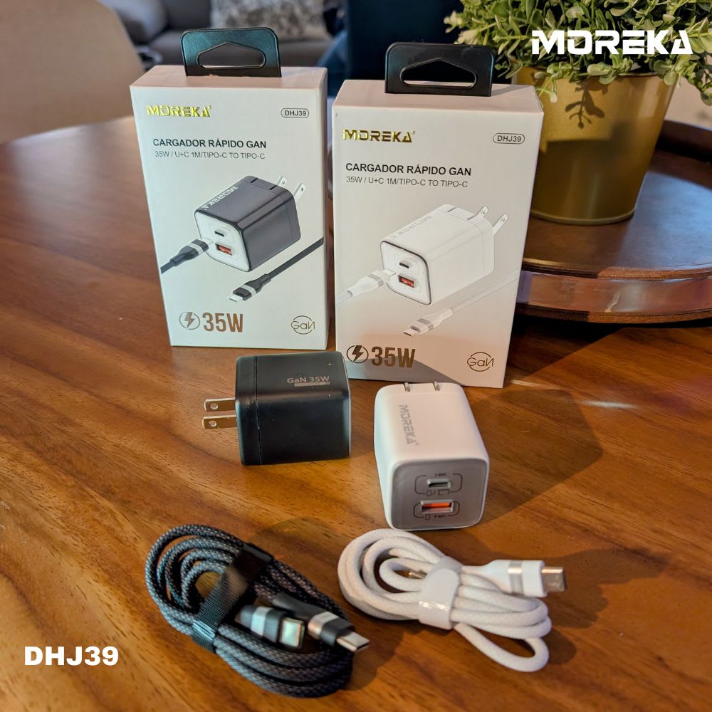 Cargador 35W GaN 5V- 3.1A puertos PD35W max & QC3.0 18W max Clavija plegable Moreka DHJ39 Cable tipo C8