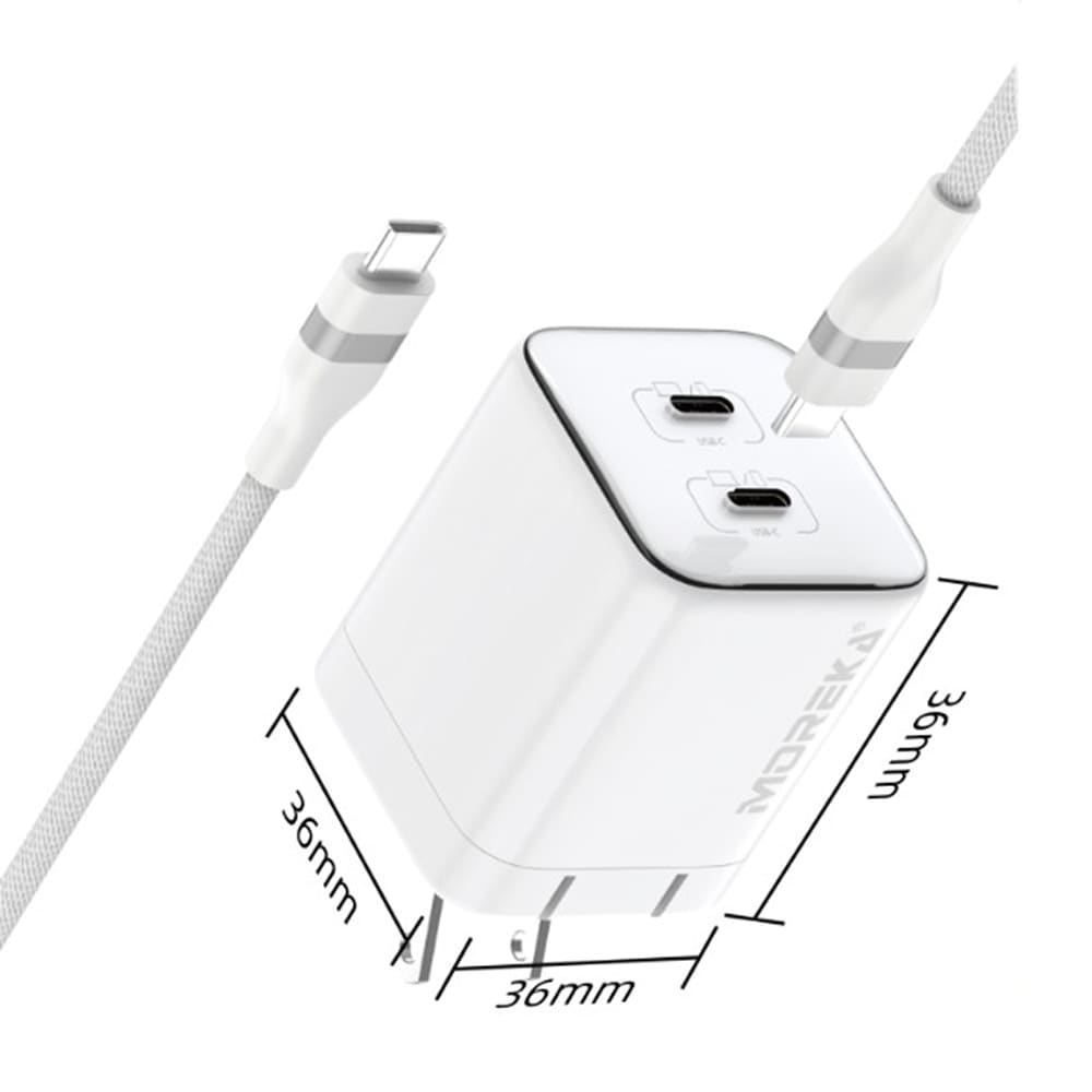 Cargador 35W GaN 5V- 3.1A puertos PD35W max & QC3.0 18W max Clavija plegable Moreka DHJ39 Cable tipo C7