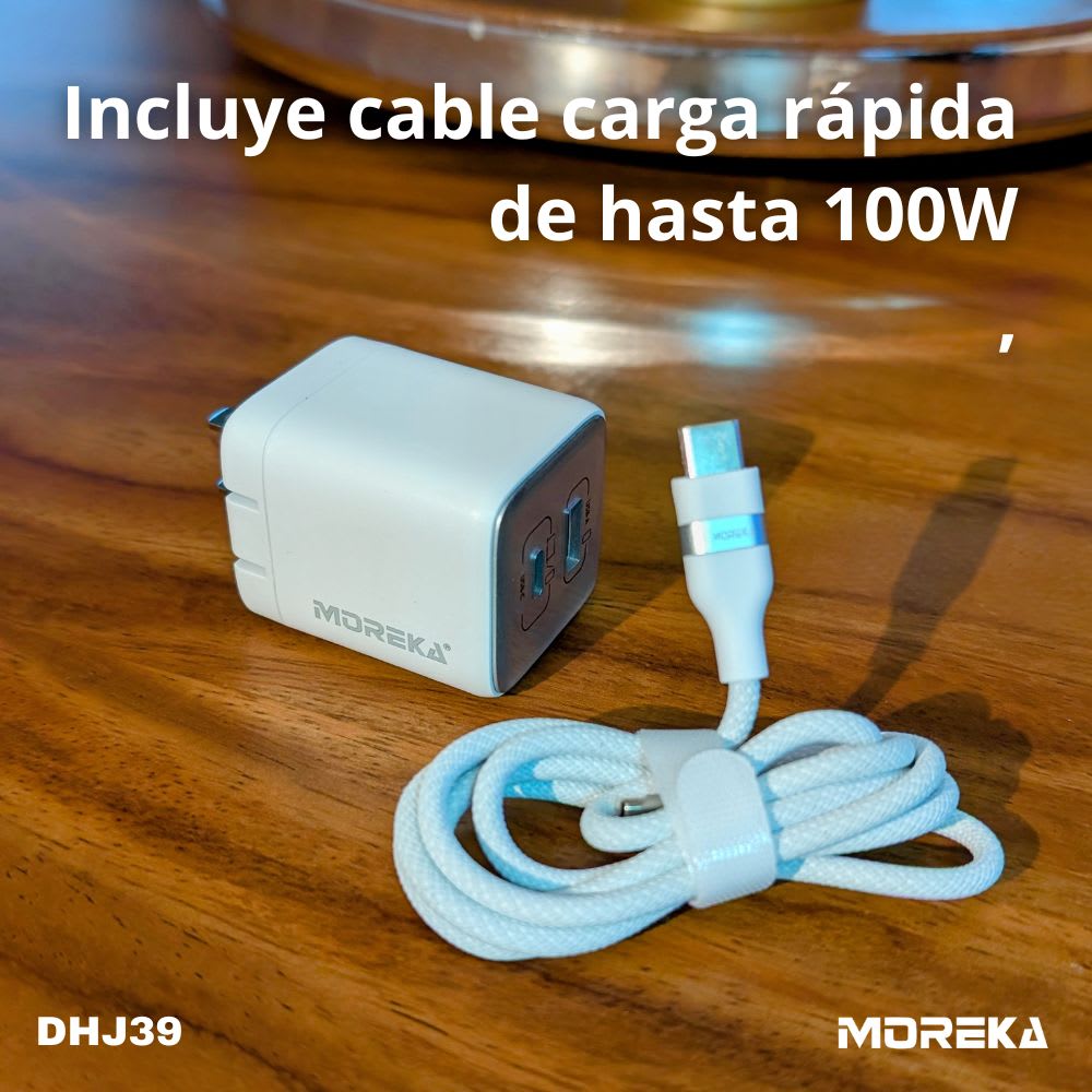 Cargador 35W GaN 5V- 3.1A puertos PD35W max & QC3.0 18W max Clavija plegable Moreka DHJ39 Cable tipo C5