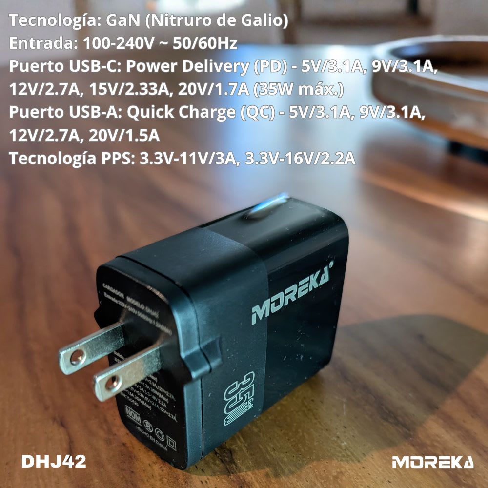 Cargador 35W GaN 5V- 3A 2 Puertos PD 35W max QC3.1 cable tipo C Moreka DHJ423