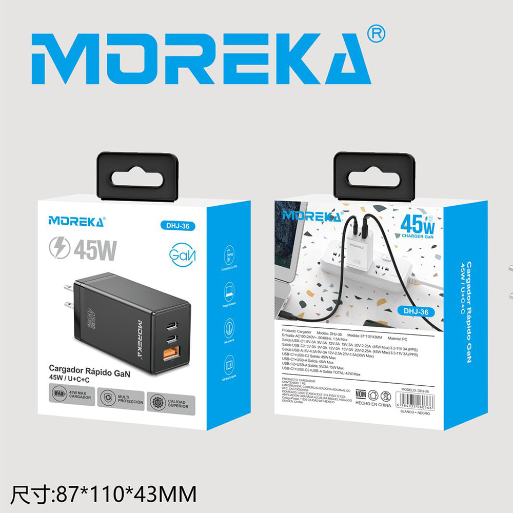 Cubo Turbo Cargador 45W 3 puertos C1 45W C2 45W USB A 30W GAN ideal para Notebook DHJ-368