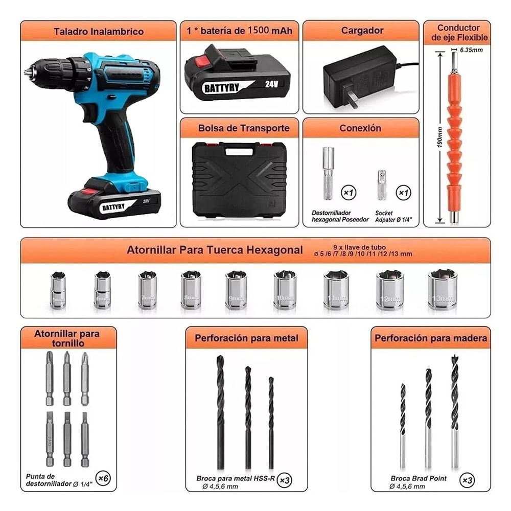 24V Taladro  Inalambrico Tres En Uno atornillado taladrado impacto Moreka Modelo DZ0852