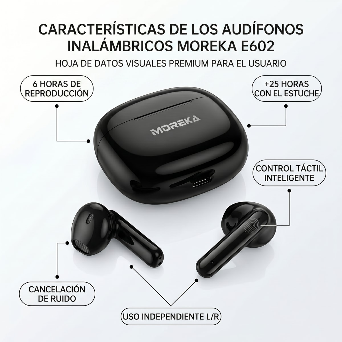 Audífono Inalámbrico Moreka E602 31h con Estuche Cancelación de Ruido Táctil Interruptor Libre8