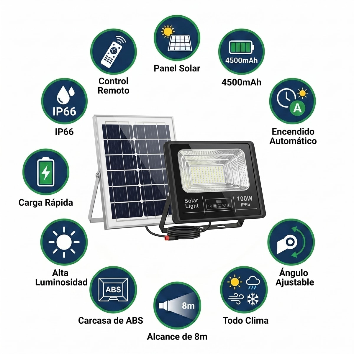 Lámpara Solar 100W MS-100W para Exterior Ilumina Toda la Noche sin Cableado Control Remoto IP66 Resistente a Lluvia y Polvo Ahorro Energético para Jardín o Garaje5