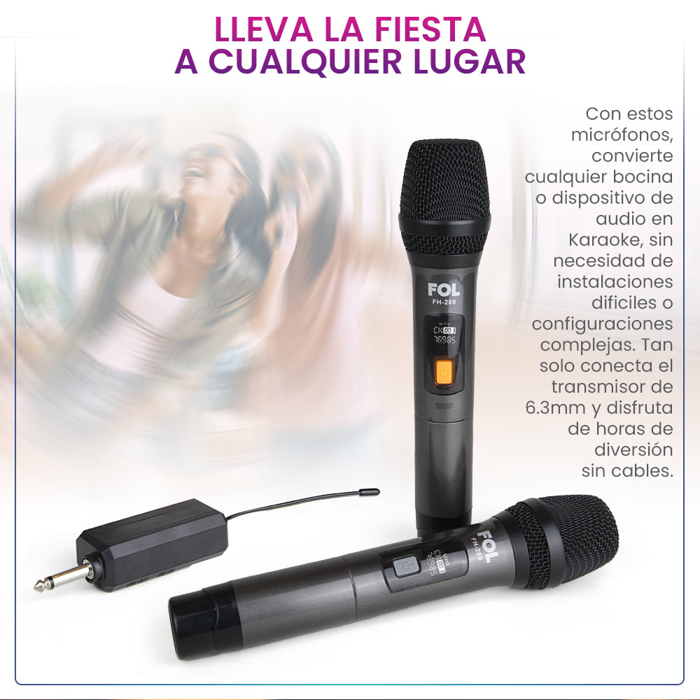 Paquete de dos Micrófonos Inalámbricos con Transmisor conector 6.3mm FOL FH-2892