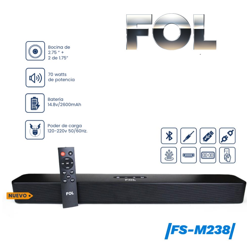 Barra de Sonido Bluetooth 70 watts 14.8V 2600mAh Puerto Óptico HDMI FOL FS-M23811