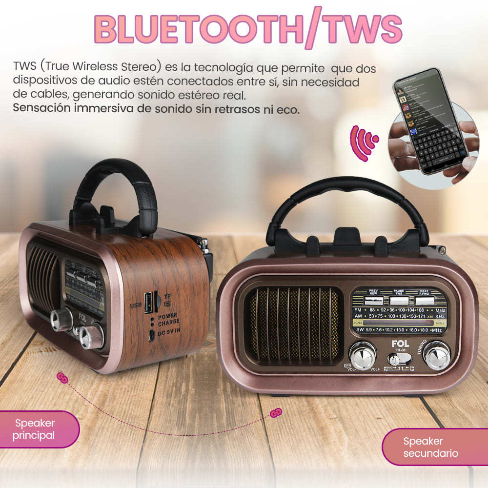 Radio AM/FM/SW Fol Bluetooth, TF Card, Radio FM, USB  TWS FR-082