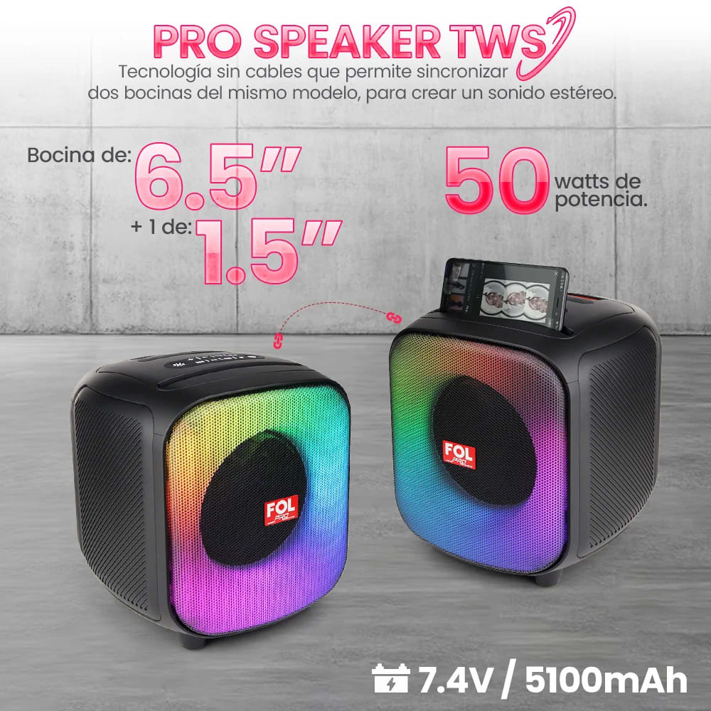Bocina Fol 50W 5200mAh Bluetooth de 6.5 pulgadas luces RGB4