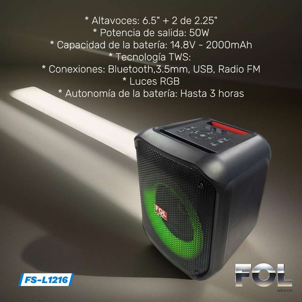 Bocina Bluetooth 50W 6.5 + 2 de 2.25 2000mAh FOL FS-L12162