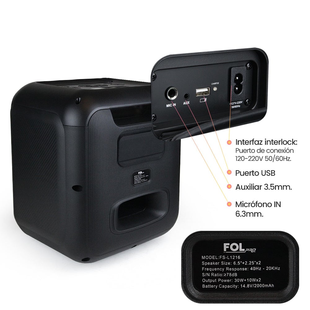 Bocina Bluetooth 50W 6.5 + 2 de 2.25 2000mAh con Microfono FOL FS-L1216M5